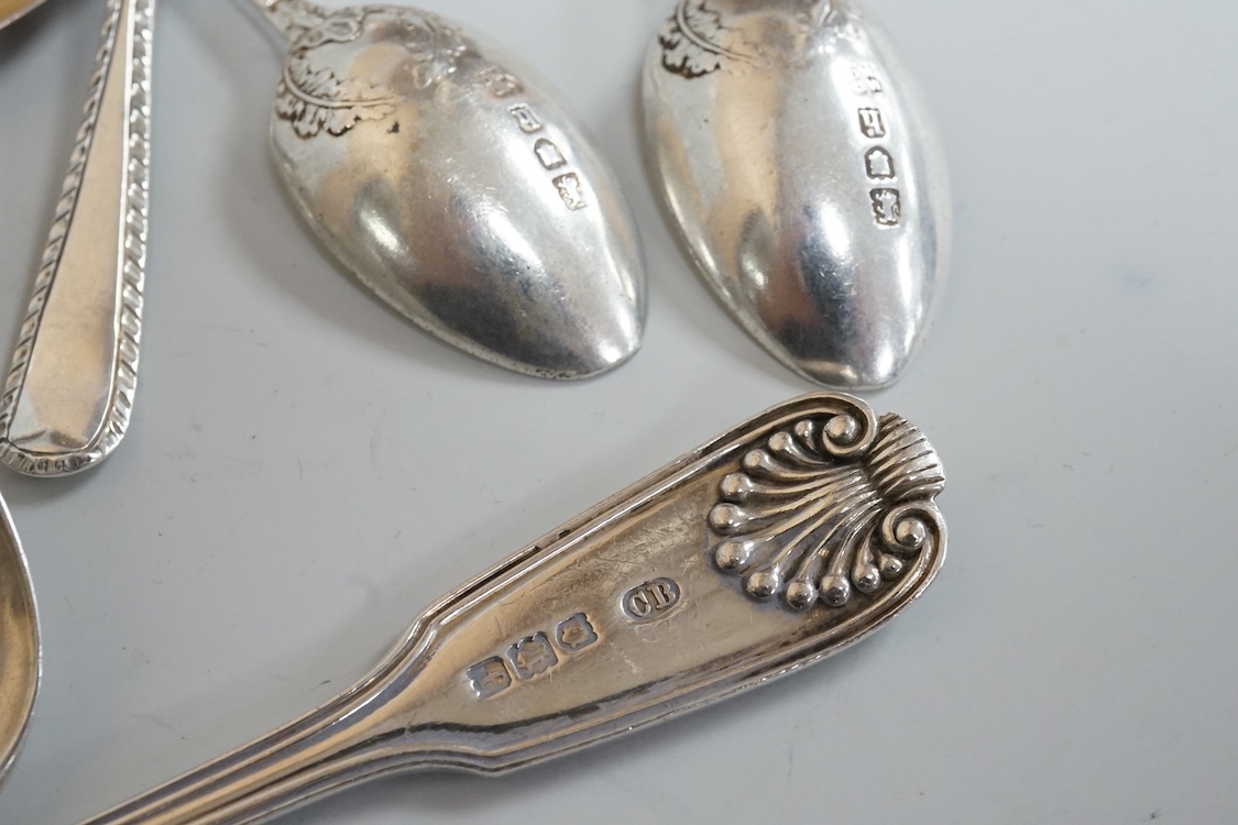 A small group of assorted mainly 20th century silver flatware, including teaspoons, replica spoons, dessert forks, sifter spoon, tea strainer, condiment spoons, Dutch white metal spoons, etc, various dates and makers, 17